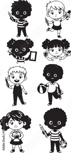Diverse Children Playing Various Sports and Activities in Black and White