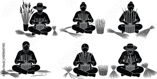 Basket weaving silhouettes, artisan people, traditional craft, handmade wicker, bamboo weaving, folk culture, ethnic art, vector, black, illustration