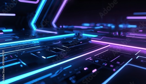 Wallpaper Mural A close-up view of a futuristic electronic circuit board with vibrant blue and purple neon lights Torontodigital.ca
