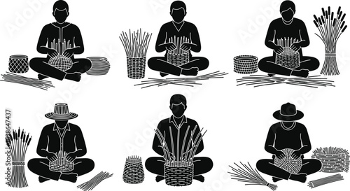 Basket weaving silhouettes, artisan, craftsman, handmade, wicker, rattan, bamboo, tradition, culture, craft, weaving, people, vector, illustration, black, shadow, folk, design, set