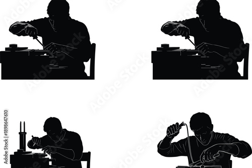 Watchmaker silhouette, repairing, mechanical, watch, precision, tools, craftsman, workshop, horology, vector, illustration, black, shadow, vintage, detail, craftsmanship, maintenance, timepiece, art