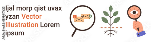 Email organization, sustainable growth, visual inspection, environmental awareness, digital correspondence, data search. Artwork of magnifying glass, plant growth and an eye. Email organization