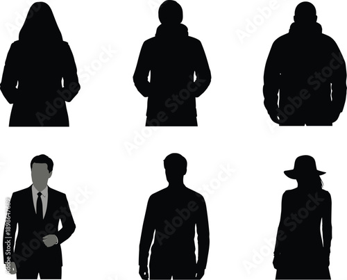 People silhouettes, men, women, standing, fashion, coat, jacket, business, casual, profile, vector, illustration, black, shadow, anonymous, figures, style, portrait, set