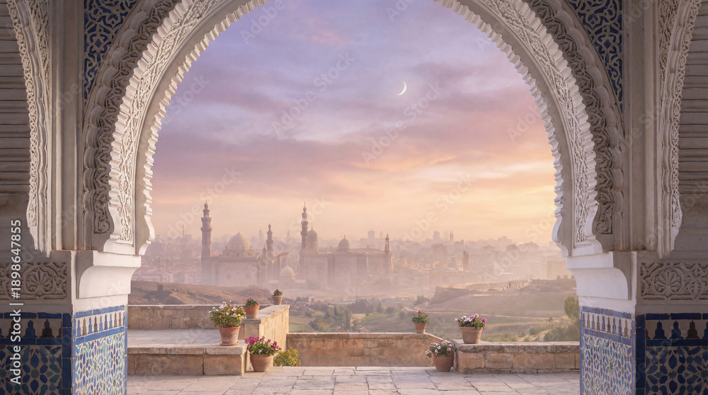 Fototapeta premium Exotic Arabian Cityscape at Dawn Through Ornate Archway, Crescent Moon in Sky, Misty Haze, Traditional Architecture, Travel Destination Photography