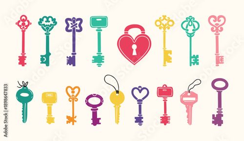 Hand drawn colored vector Keys. Doodle various vintage, modern and cute isolated keys. Different types, sizes.