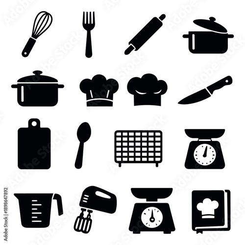 Simple solid icon kitchen tools set featuring various cooking and baking equipment for culinary projects