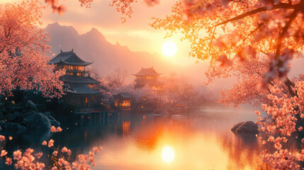 Papier peint photo Corail Ancient Asian village in spring with delicate cherry blossoms and traditional buildings reflecting on a tranquil lake at a vivid sunset, creating a magical wonderland  © Марина Сухина