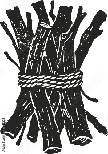 Bundle of sticks tied together with rope, rustic natural wood firewood illustration
