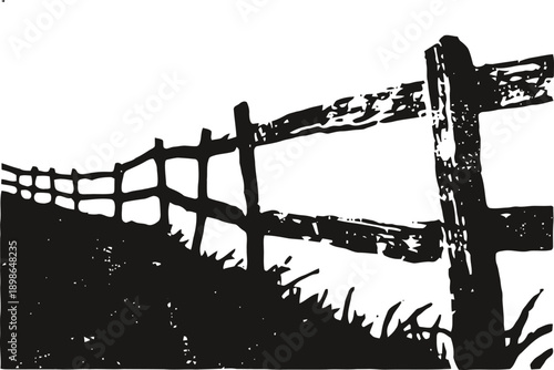 Rustic wooden fence silhouette on grassy hill farm boundary, countryside landscape, rural outdoor scene