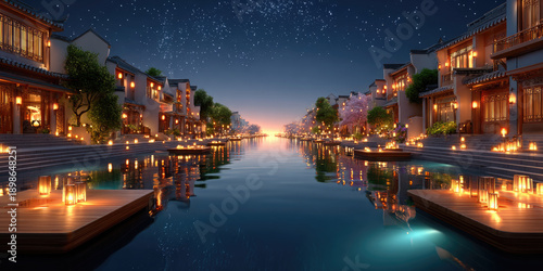 Ancient Chinese water town at dusk, lanterns and warm lights reflecting along a narrow canal beside wooden buildings, serene night atmosphere showcasing cultural heritage