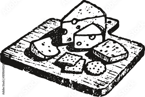Assorted cheese and crackers on wooden serving board with slices and wedges