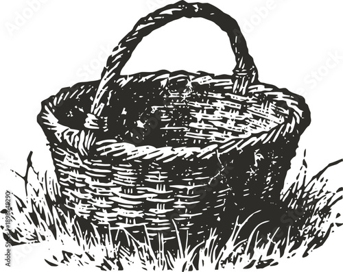 wicker basket with handle placed on grass rustic handmade woven container for carrying or storing items