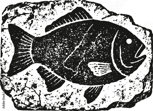 Ancient fish fossil imprinted in stone slab with detailed scales and fins silhouette