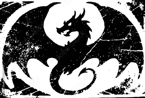 Black dragon silhouette with spread wings in grunge mythical creature emblem or tattoo design