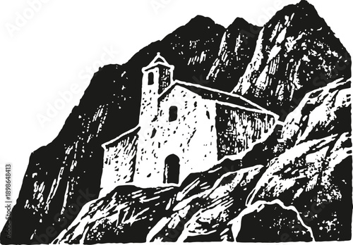 Ancient mountain chapel engraving historic stone church on rocky cliff with steep peaks in background rustic nature landscape