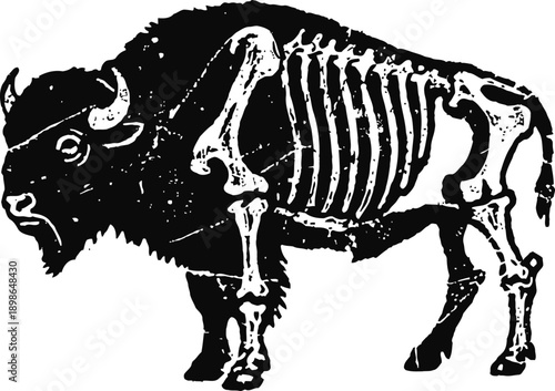 Buffalo with skeleton illustration side view bison showing bones and anatomical structure