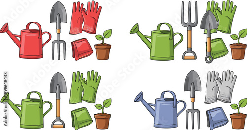 Gardening tools, set, watering, can, shovel, gloves, fork, plant, pot, equipment, vector, illustration, garden, supplies, hobby, nature, outdoor, work