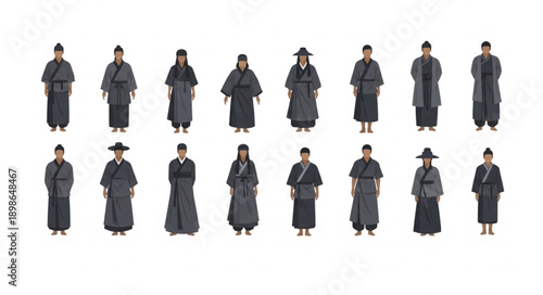 Group of people in traditional Korean Hanbok clothing.