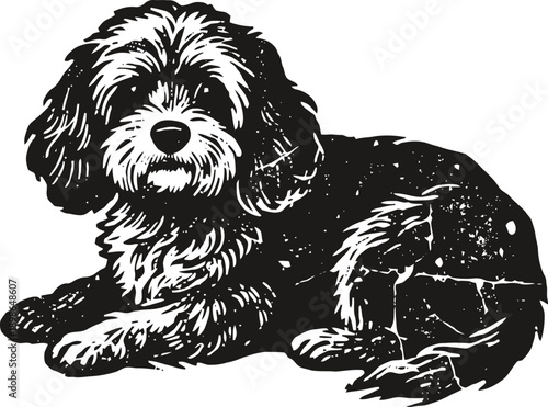 Black and white illustration of a fluffy dog lying down, relaxed and calm pet portrait