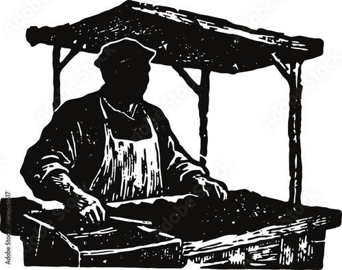 Silhouette of a vendor man standing behind wooden market stall with canopy in vintage