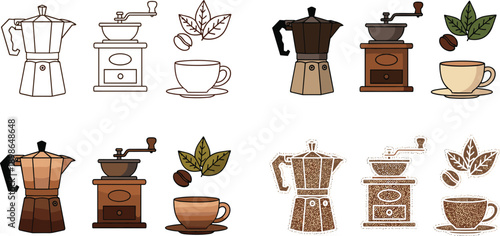 Vintage coffee, maker, set, espresso, grinder, cup, beans, leaves, barista, cafe, brewing, vector, illustration, retro, design, beverage, caffeine, drink, decor
