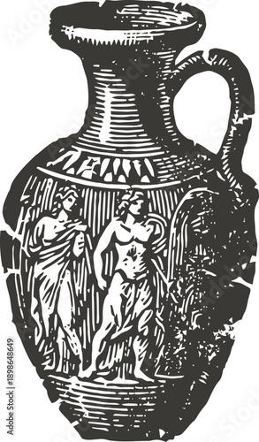 Ancient greek amphora with mythological figures engraved, black figure pottery with decorative patterns