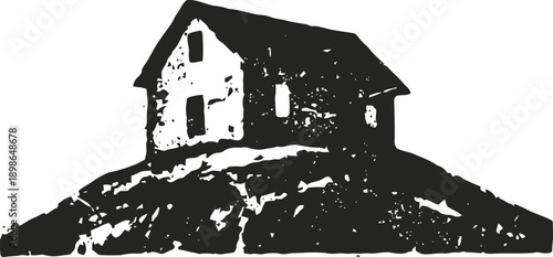 Old abandoned house on a hill silhouette in black and white, rustic countryside building illustration
