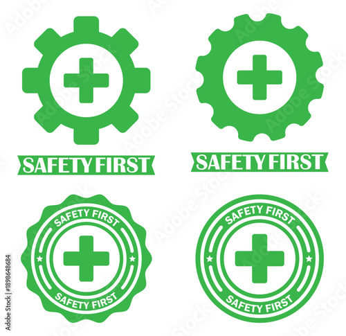 Safety first medical gear icons set showing healthcare cross symbols inside gear shapes. Ideal for safety signs, medical labels, health protection graphics, and industrial safety visuals.