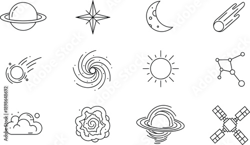 A collection of minimal line icons representing celestial bodies and space phenomena