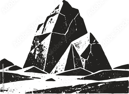 Black and white mountain silhouette with sharp peaks and textured rock formations