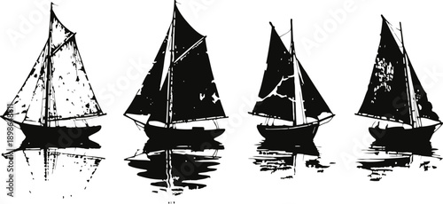 Set of four vintage sailboat silhouettes with reflections on water in black and white design