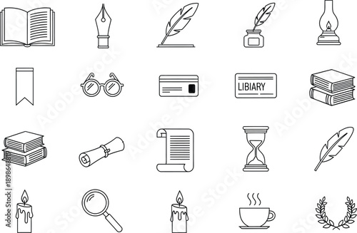 A comprehensive collection of linear icons representing vintage study and literary elements