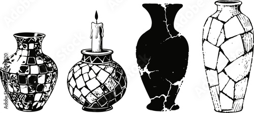 set of ancient cracked pottery vases and candle holder with mosaic design and decorative silhouettes