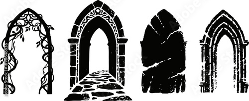 Four gothic and fantasy arch silhouettes with ornate and rough stone textures