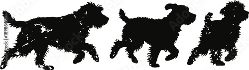 Silhouette of three playful small dogs running and jumping in different active poses