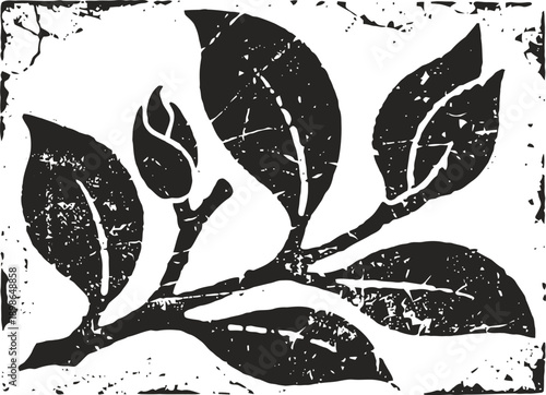 Monochrome botanical print of a branch with leaves and buds in rustic vintage