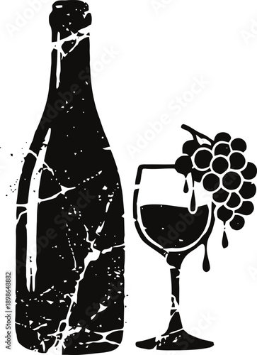 Wine bottle and glass with grape cluster silhouette graphic design concept