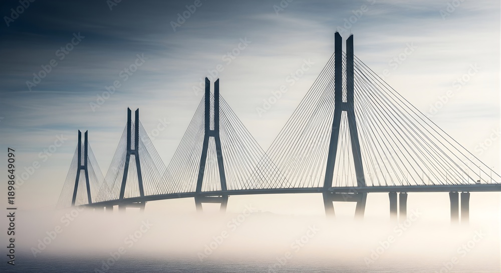 Fototapeta premium Large cable stayed bridge stretching across water surface enveloped in thick morning fog and mist with tall concrete pylons and steel suspension cables creating dramatic geometric pattern in sky