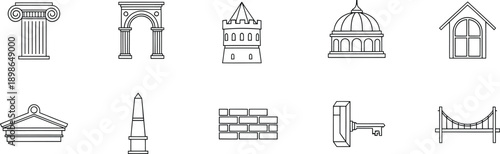 Illustrative icons representing various architectural elements and construction concepts in line art