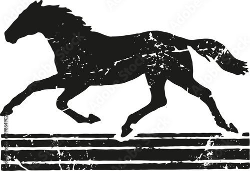 Black silhouette of a running horse with a distressed texture and horizontal stripes beneath
