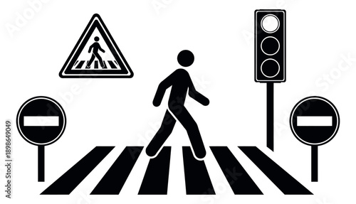 Minimalist traffic symbols set featuring a pedestrian crossing, a traffic light, and prohibitory signs for road safety