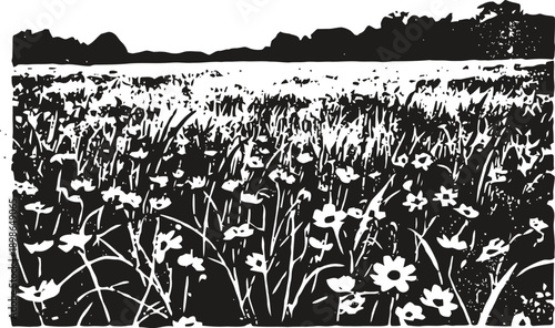 Wildflower field in bloom with distant hills, nature landscape silhouette and floral meadow