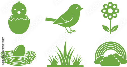 Easter day symbols and icons featuring eggs birds and spring flowers
