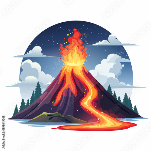 A vibrant cartoon illustration of a volcano eruption with lava and fire under a starry winter night sky featuring a decorated Christmas tree in a snowy nature landscape