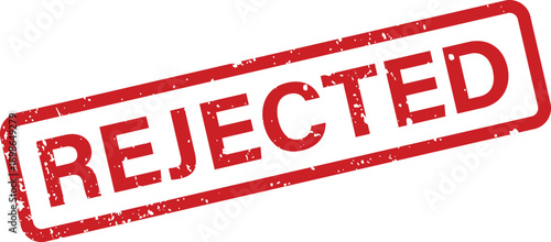 A distressed red rubber stamp featuring the word REJECTED clearly visible on a white background