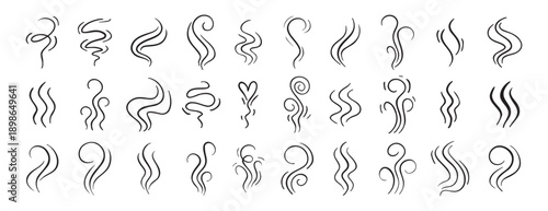 Fire steam or Line smoke doodle hand drawn set. smell waves from food or coffee and beverages sketch style.