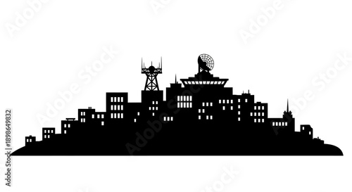 Modern cityscape with communication tower and satellite dish