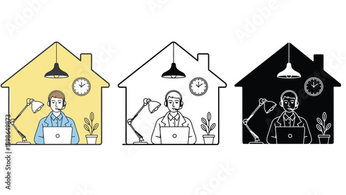 A man works from home in different colored environments