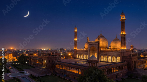 Jama Masjid Mosque at Night with Crescent Moon and Stars, Illuminated Architecture, Islamic Culture and Travel Destination Photography