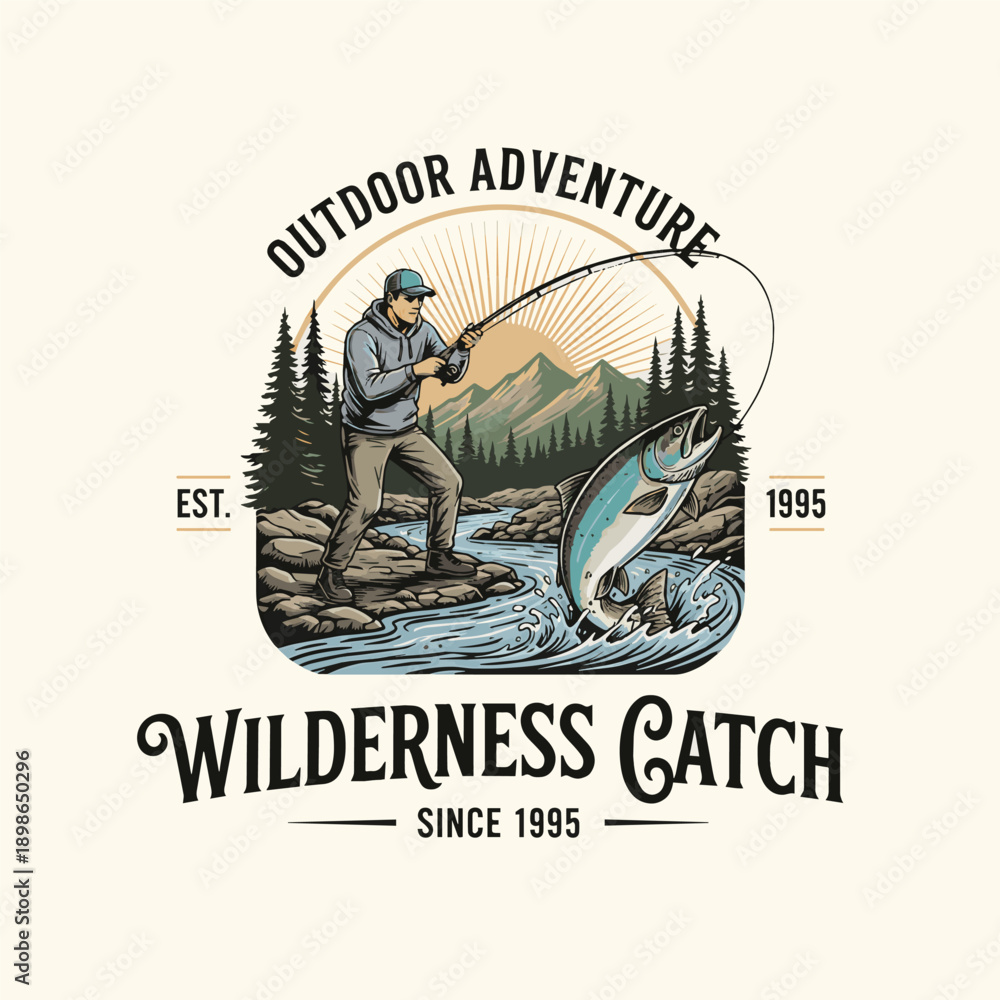 Naklejka premium Outdoor Fishing Adventure Illustration with Angler and Mountain River for Apparel and Branding